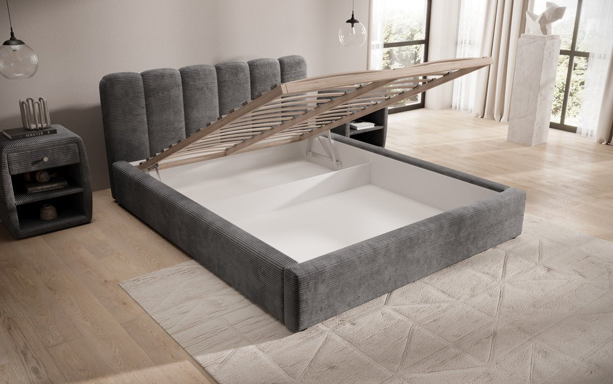 Designer Polsterbett Nerra in Cord mit Stauraum