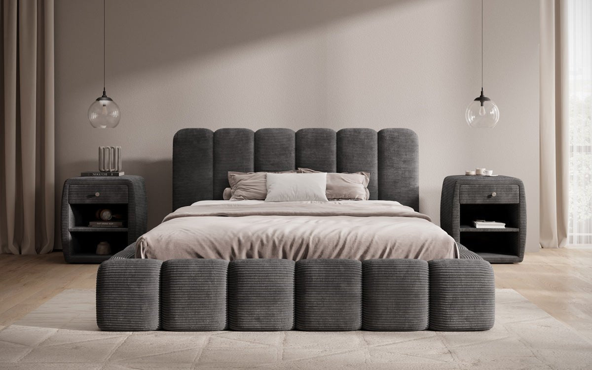 Designer Polsterbett Tevara in Cord mit Stauraum