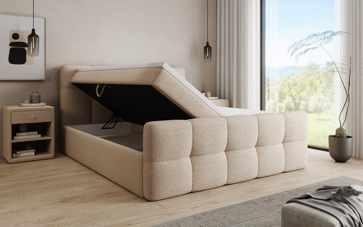 Boxspringbett Cozy in Teddy Bouclé mit Stauraum