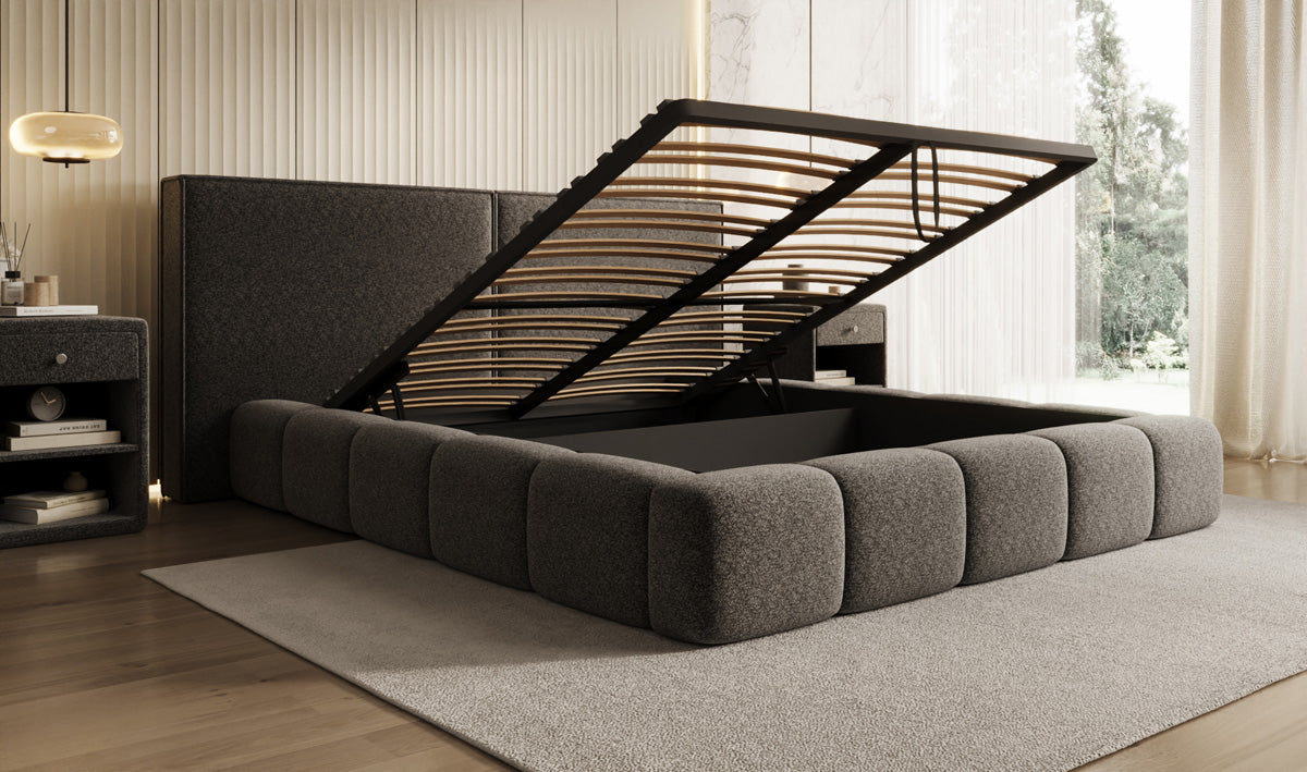 Designer Polsterbett Elise in Strukturstoff mit Stauraum