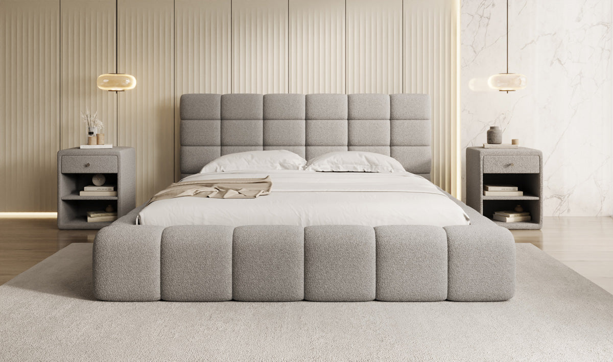 Designer Polsterbett Marshmallow in Teddy Bouclé mit Stauraum