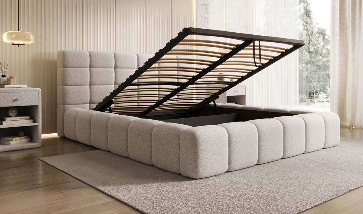 Designer Polsterbett Marshmallow in Strukturstoff mit Stauraum