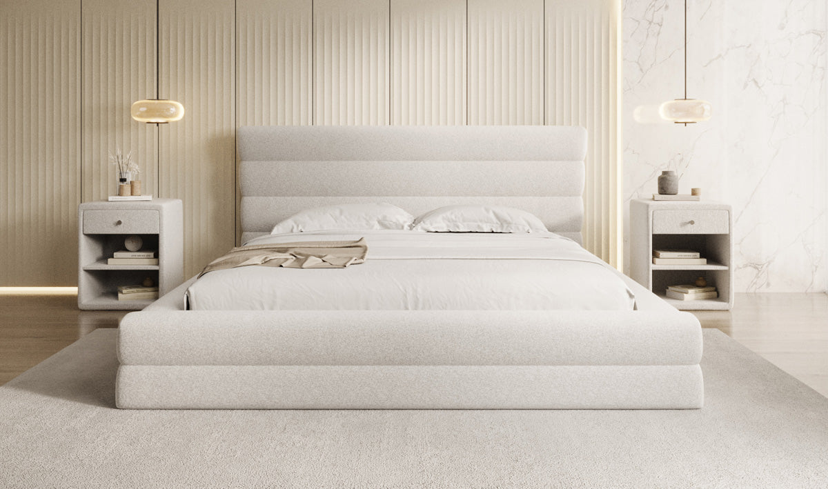 Designer Polsterbett Maren in Strukturstoff mit Stauraum