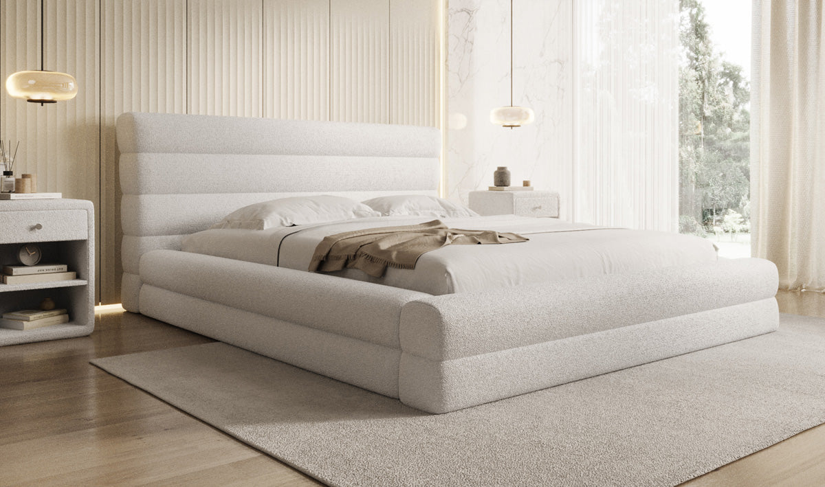 Designer Polsterbett Maren in Teddy Bouclé mit Stauraum