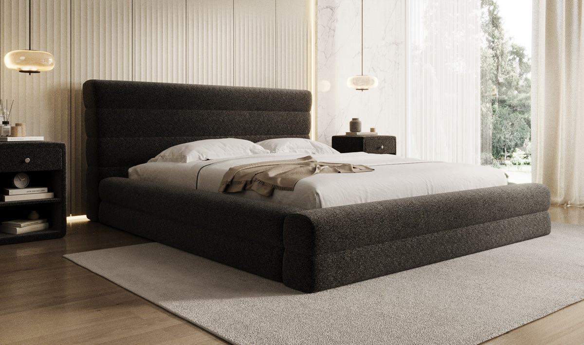 Designer Polsterbett Maren in Strukturstoff mit Stauraum