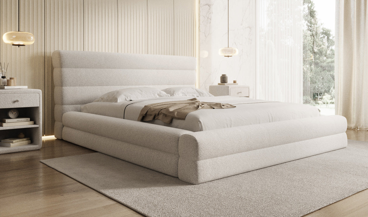 Designer Polsterbett Maren in Strukturstoff mit Stauraum