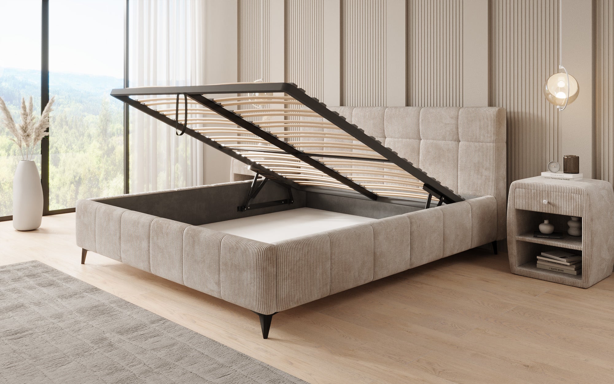 Designer Polsterbett Nelly in Cord mit Stauraum