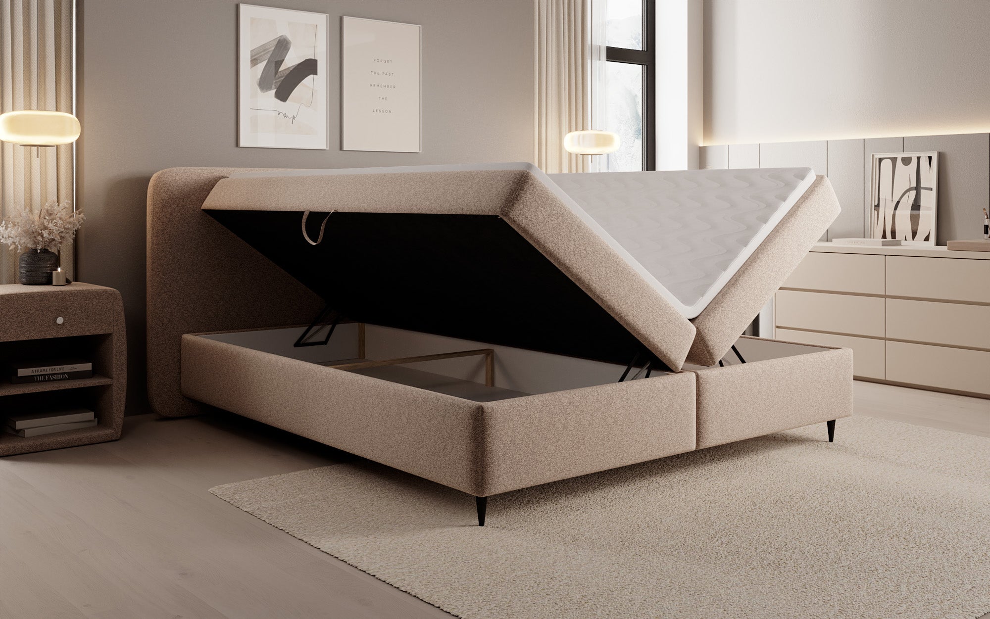 Boxspringbett Nea in Strukturstoff mit Stauraum