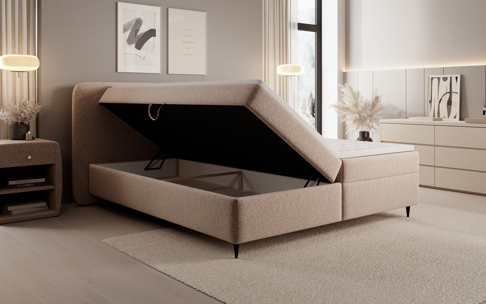 Boxspringbett Nea in Strukturstoff mit Stauraum