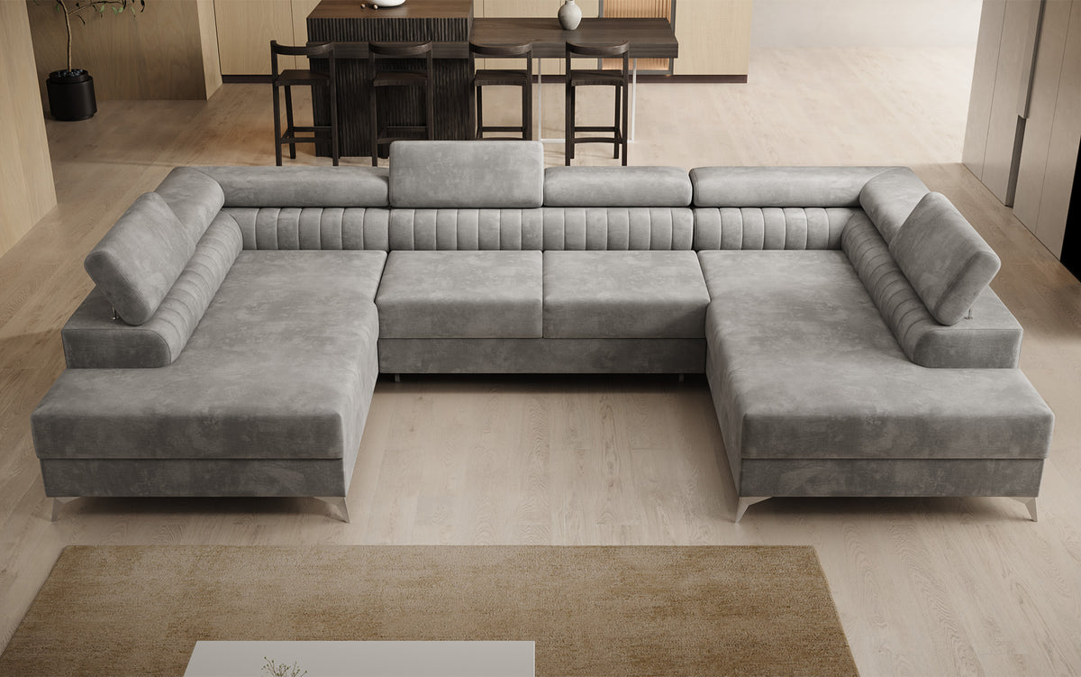 Designer Sofa Aurea U mit Schlaf- und Klappfunktion in Samt
