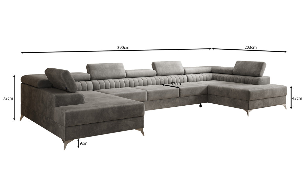 Designer Sofa Aurea U XXL mit Schlaf- und Klappfunktion in Samt