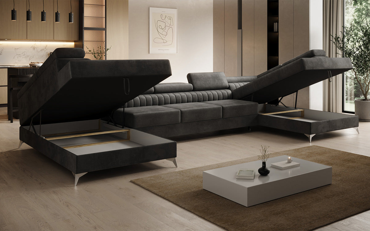 Designer Sofa Aurea U XXL mit Schlaf- und Klappfunktion in Samt