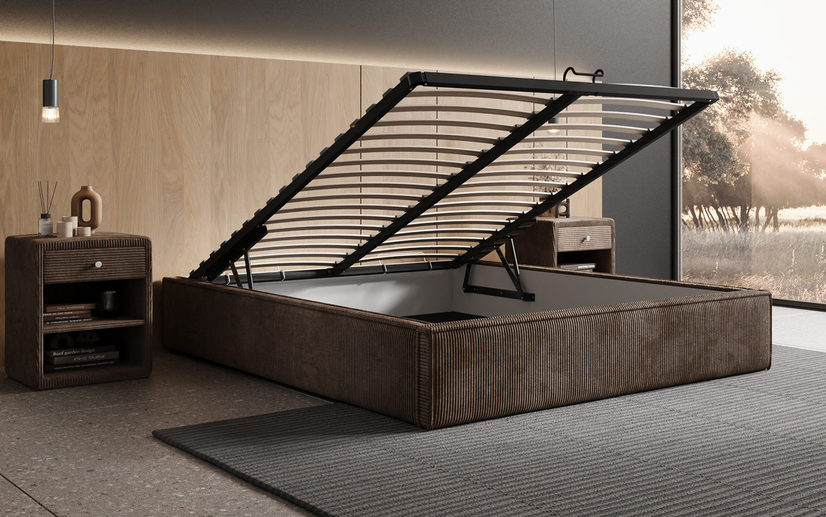 Designer Polsterbett Base mit Stauraum ohne Headboard in Cord