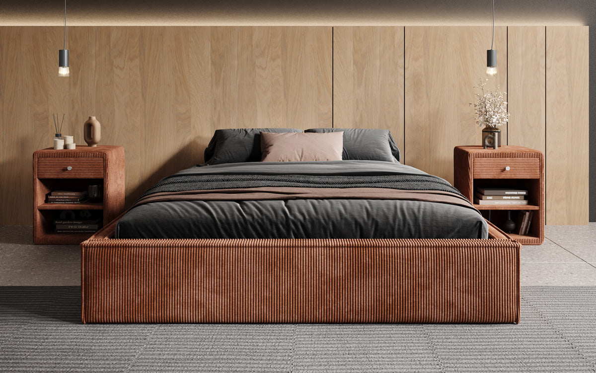 Designer Polsterbett Base mit Stauraum ohne Headboard in Cord
