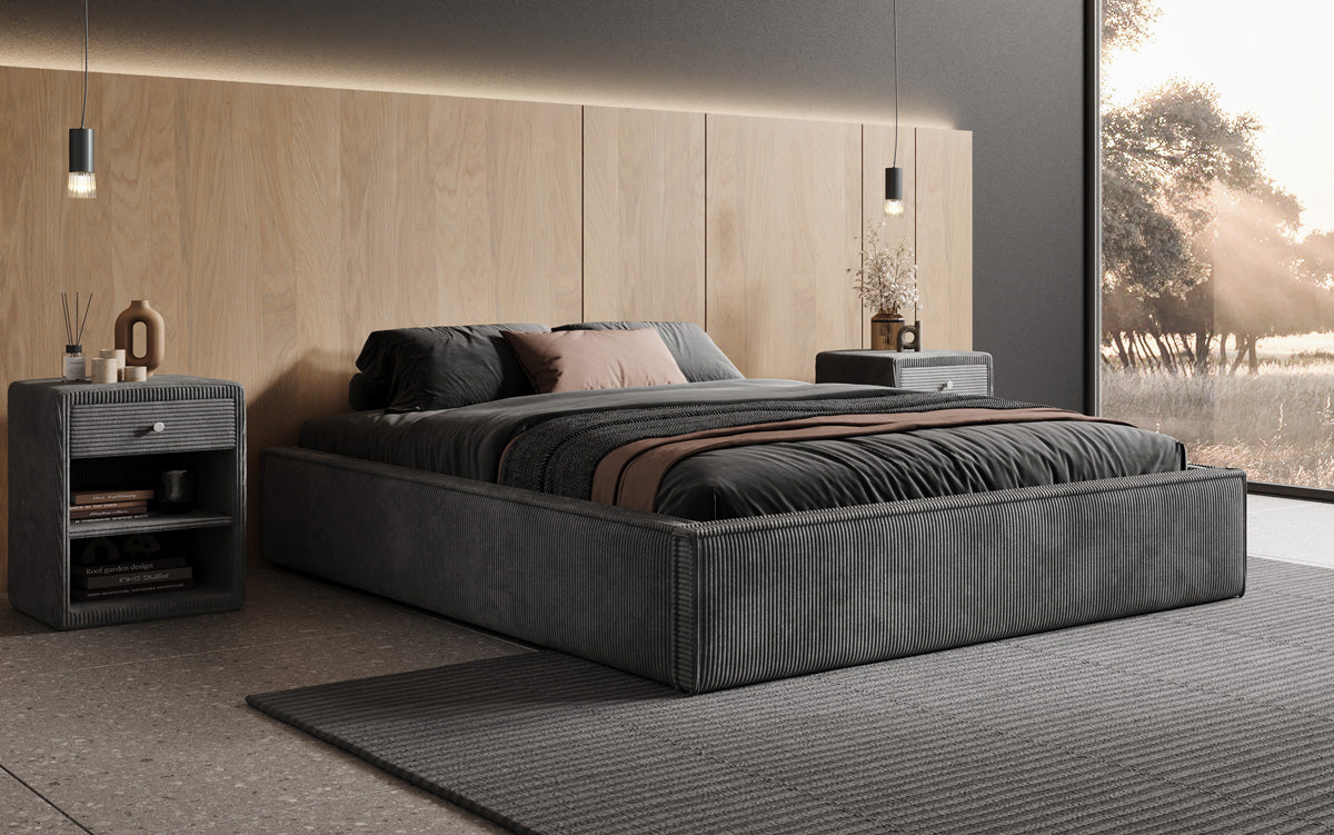Designer Polsterbett Base mit Stauraum ohne Headboard in Cord