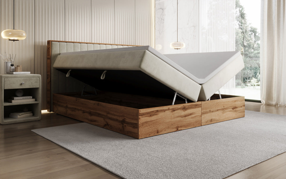 Boxspringbett Timber Line mit Stauraum in Samt
