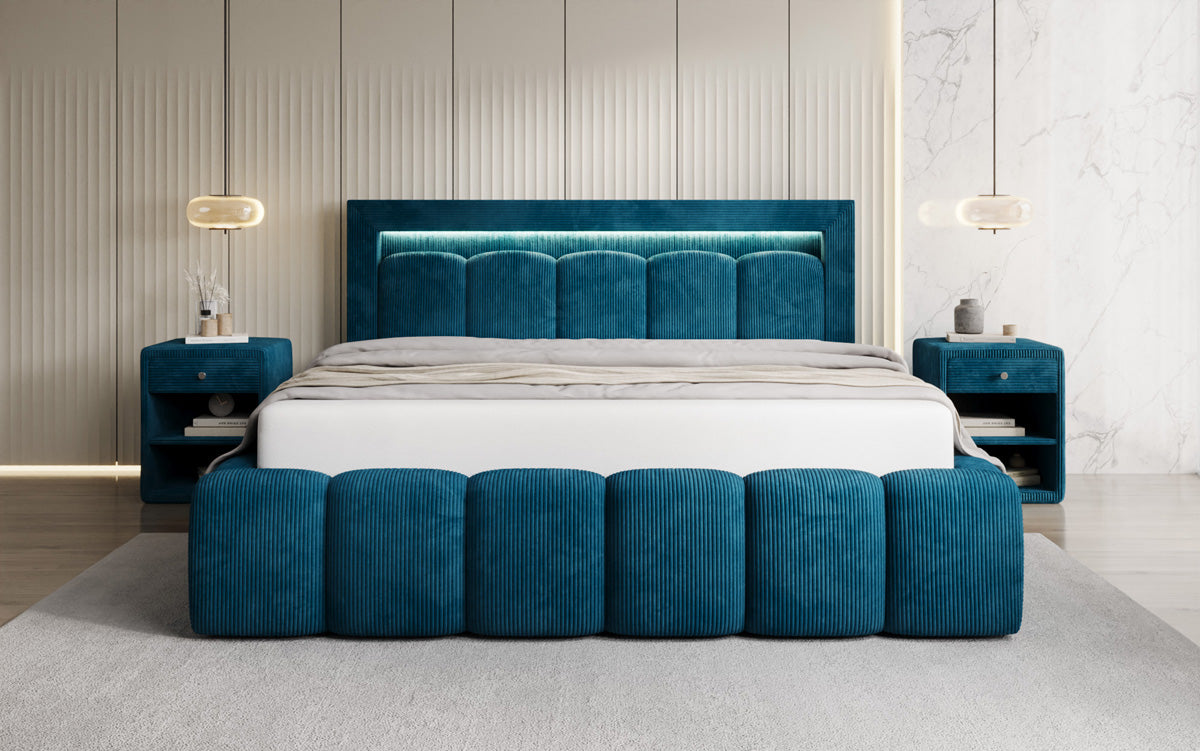 Designer Polsterbett Lume in Cord mit Stauraum und RGB Beleuchtung