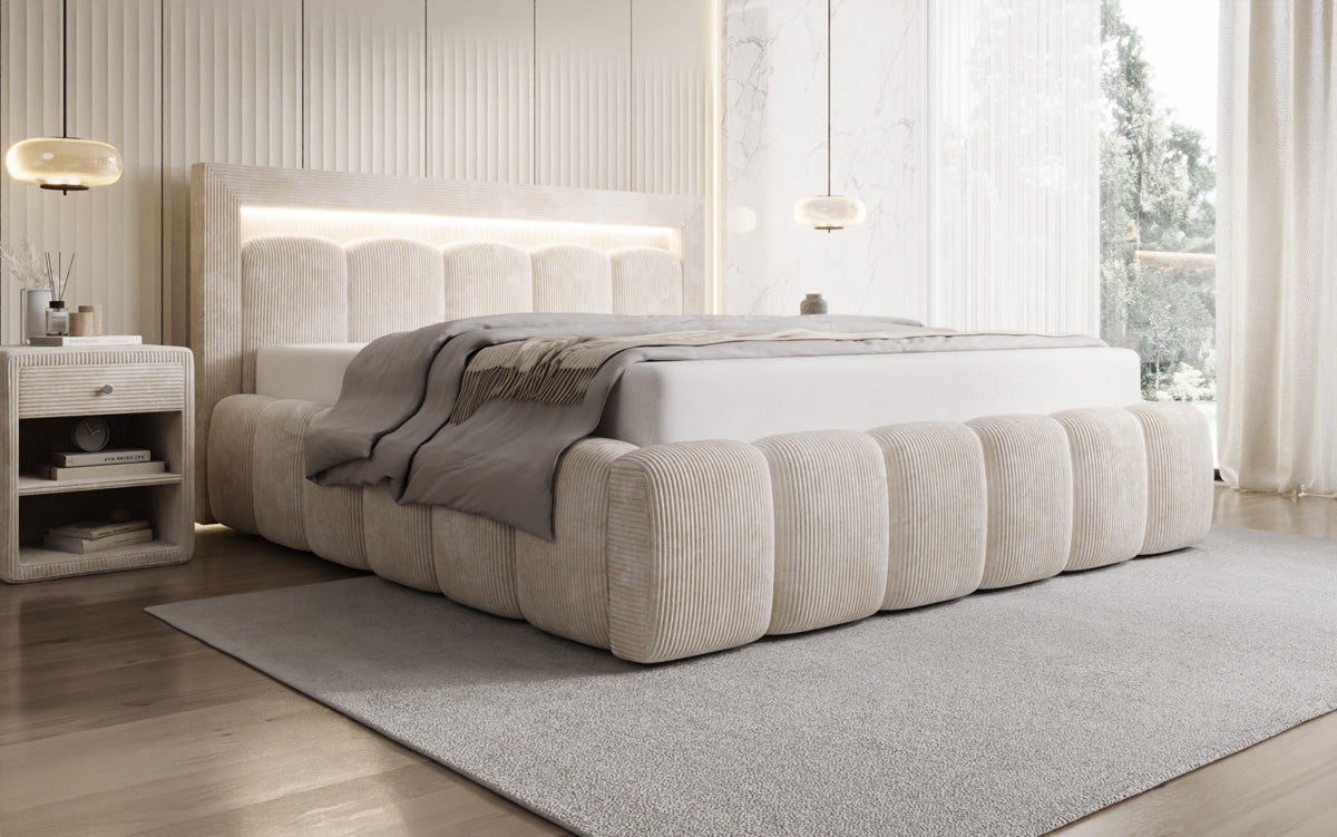 Designer Polsterbett Lume in Cord mit Stauraum und RGB Beleuchtung