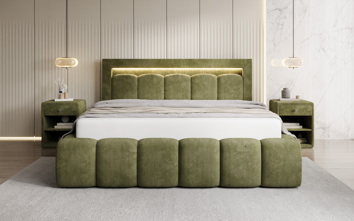 Designer Polsterbett Lume in Cord mit Stauraum und RGB Beleuchtung