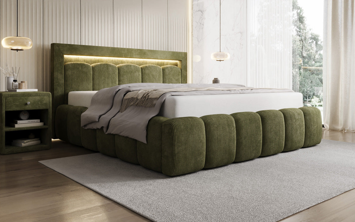 Designer Polsterbett Lume in Cord mit Stauraum und RGB Beleuchtung