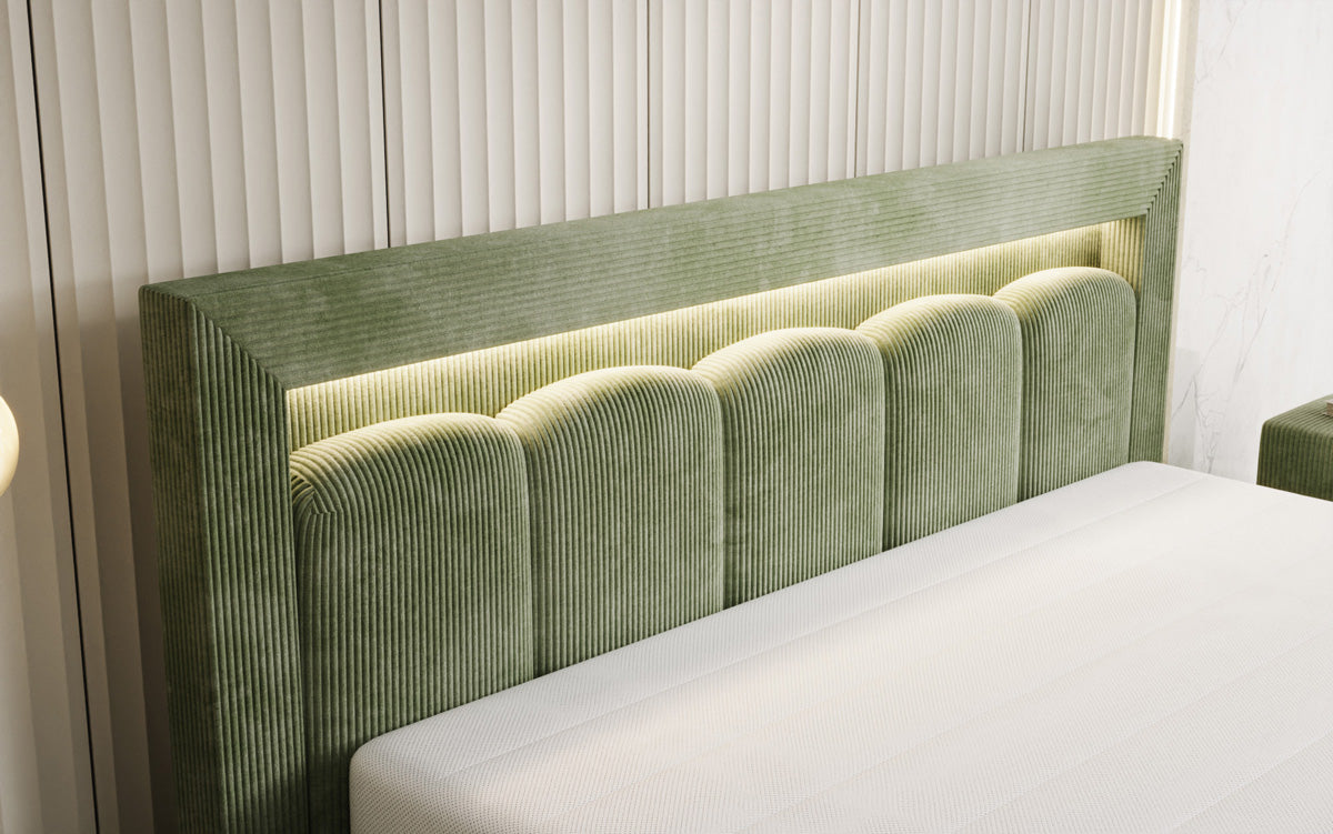 Designer Polsterbett Lume in Cord mit Stauraum und RGB Beleuchtung