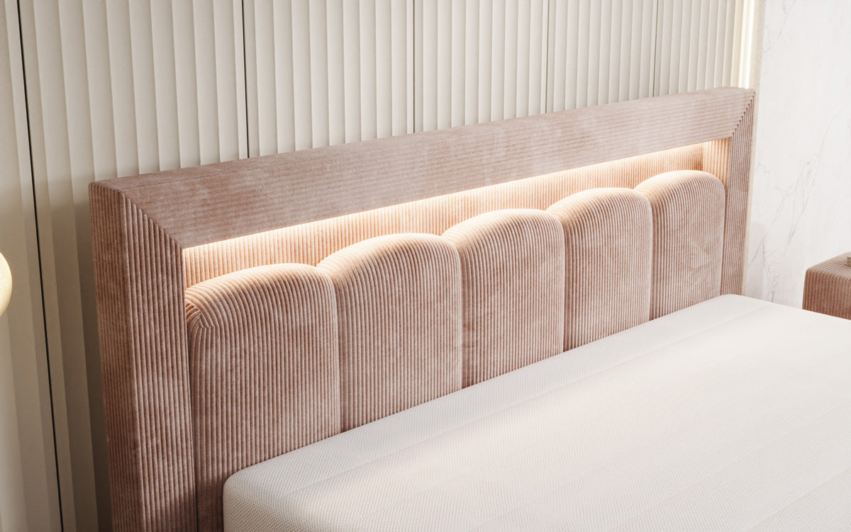 Designer Polsterbett Lume in Cord mit Stauraum und RGB Beleuchtung
