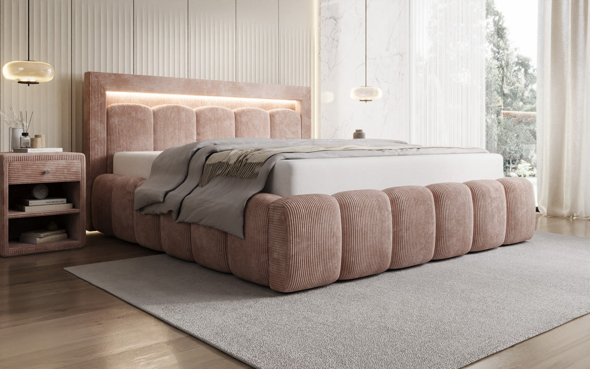 Designer Polsterbett Lume in Cord mit Stauraum und RGB Beleuchtung