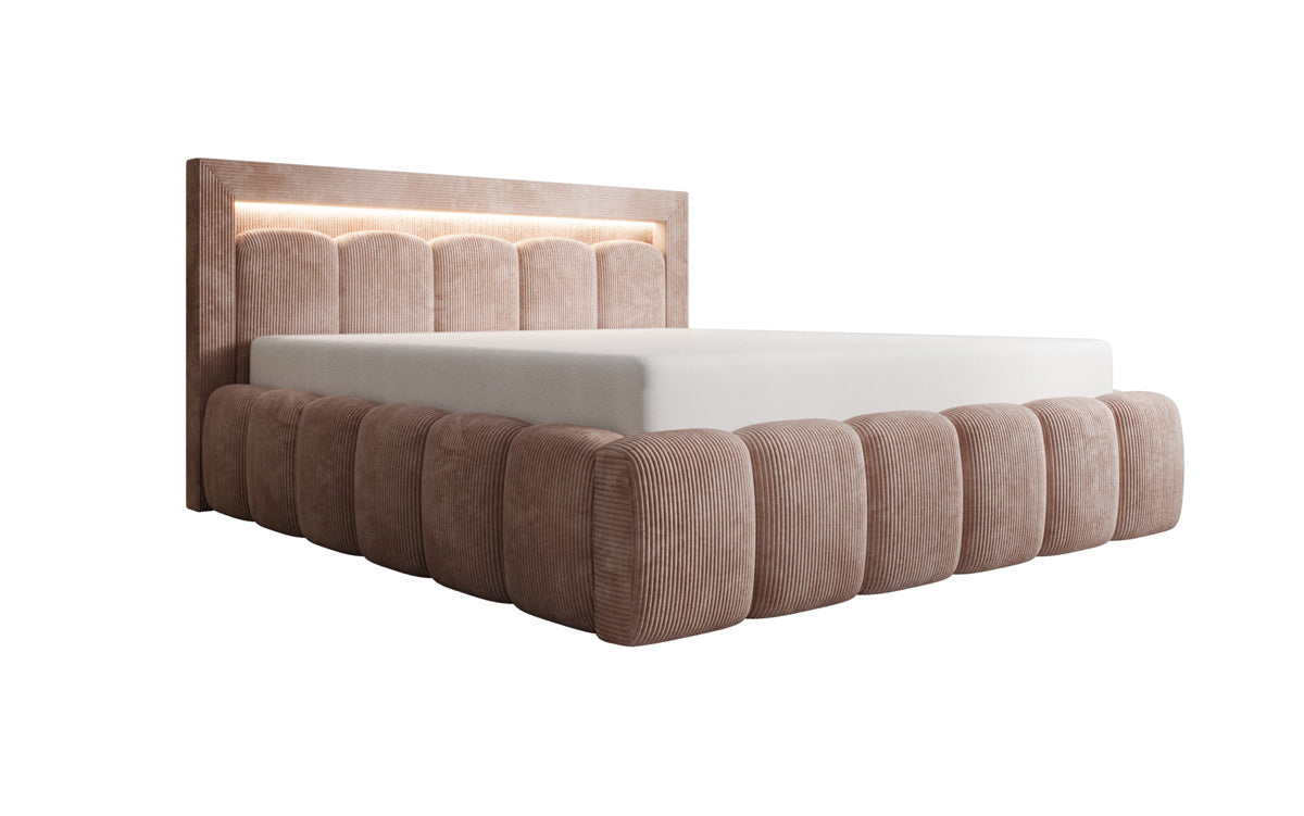 Designer Polsterbett Lume in Cord mit Stauraum und RGB Beleuchtung
