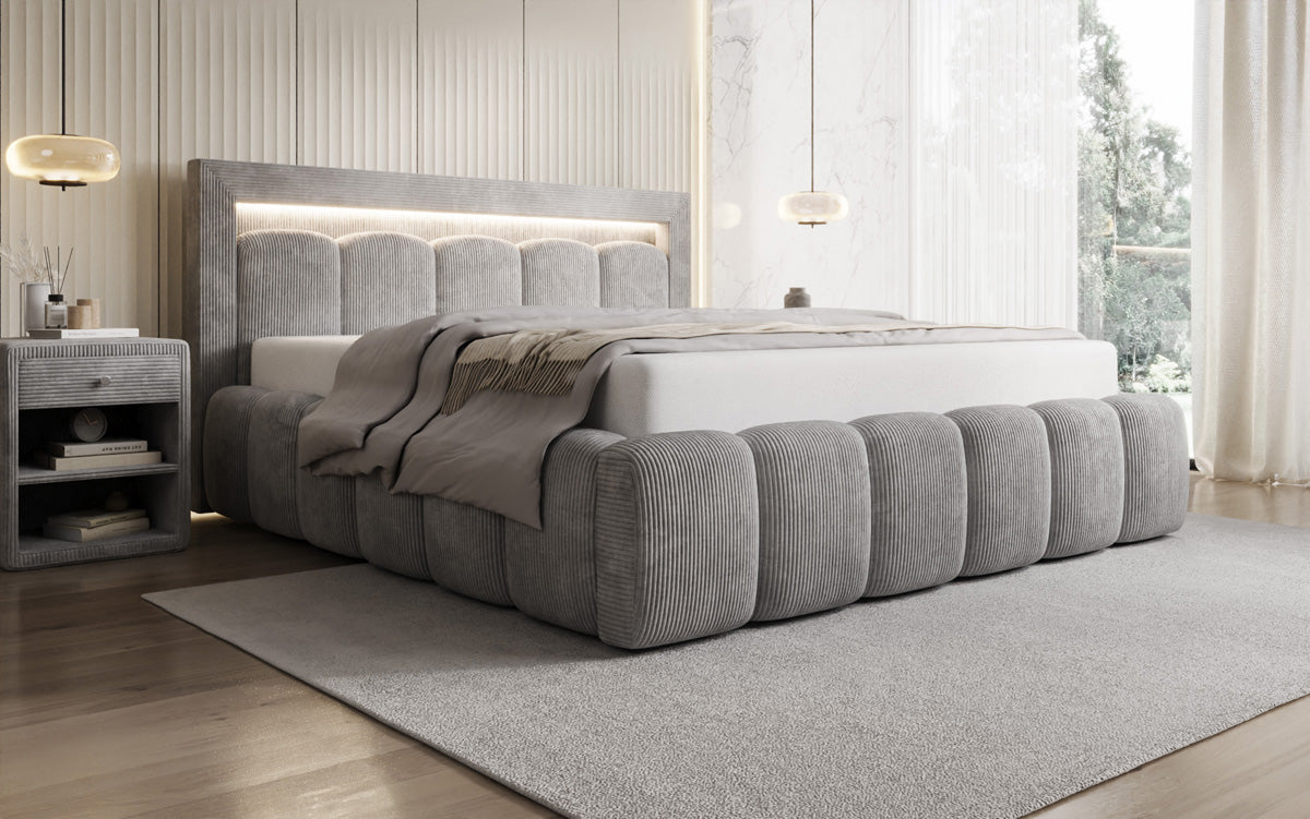 Designer Polsterbett Lume in Cord mit Stauraum und RGB Beleuchtung