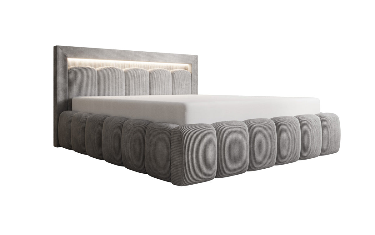 Designer Polsterbett Lume in Cord mit Stauraum und RGB Beleuchtung