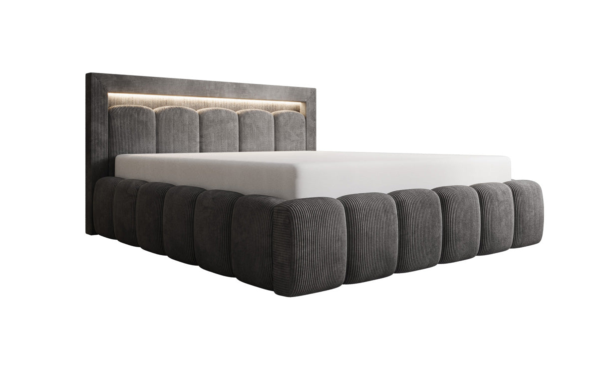 Designer Polsterbett Lume in Cord mit Stauraum und RGB Beleuchtung