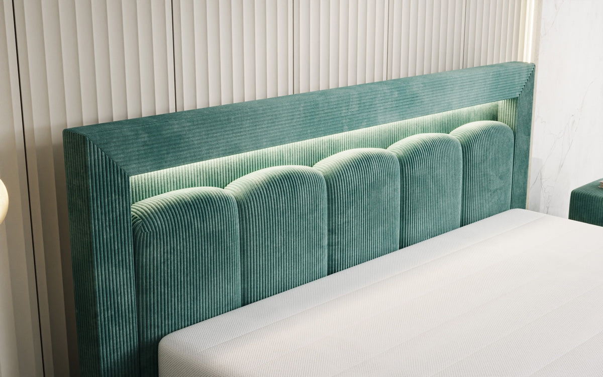 Designer Polsterbett Lume in Cord mit Stauraum und RGB Beleuchtung