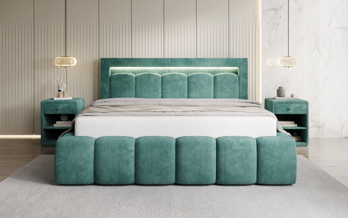 Designer Polsterbett Lume in Cord mit Stauraum und RGB Beleuchtung
