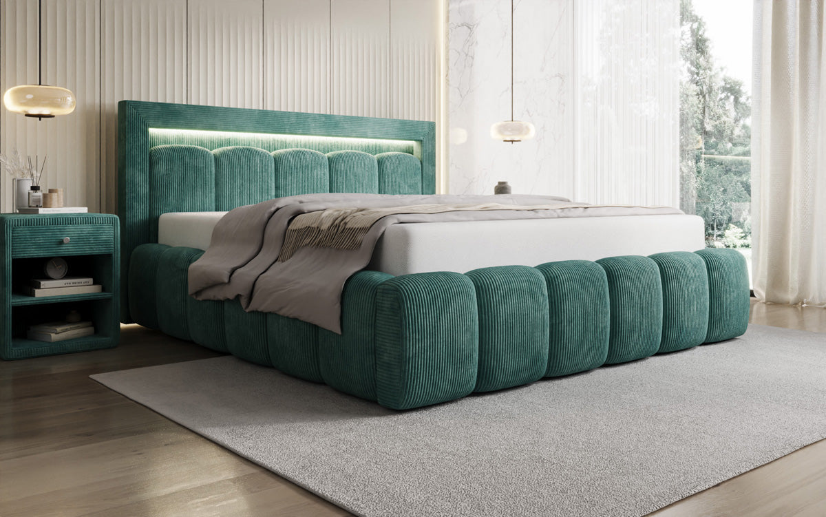 Designer Polsterbett Lume in Cord mit Stauraum und RGB Beleuchtung