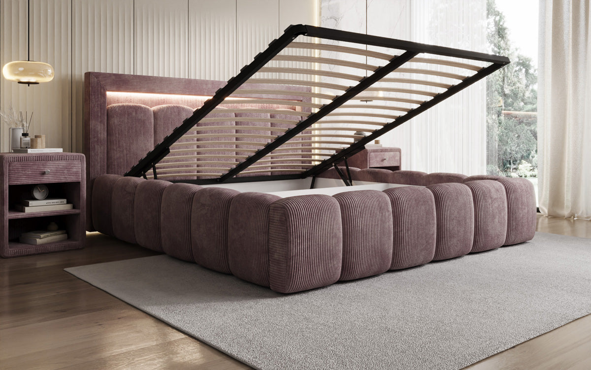 Designer Polsterbett Lume in Cord mit Stauraum und RGB Beleuchtung