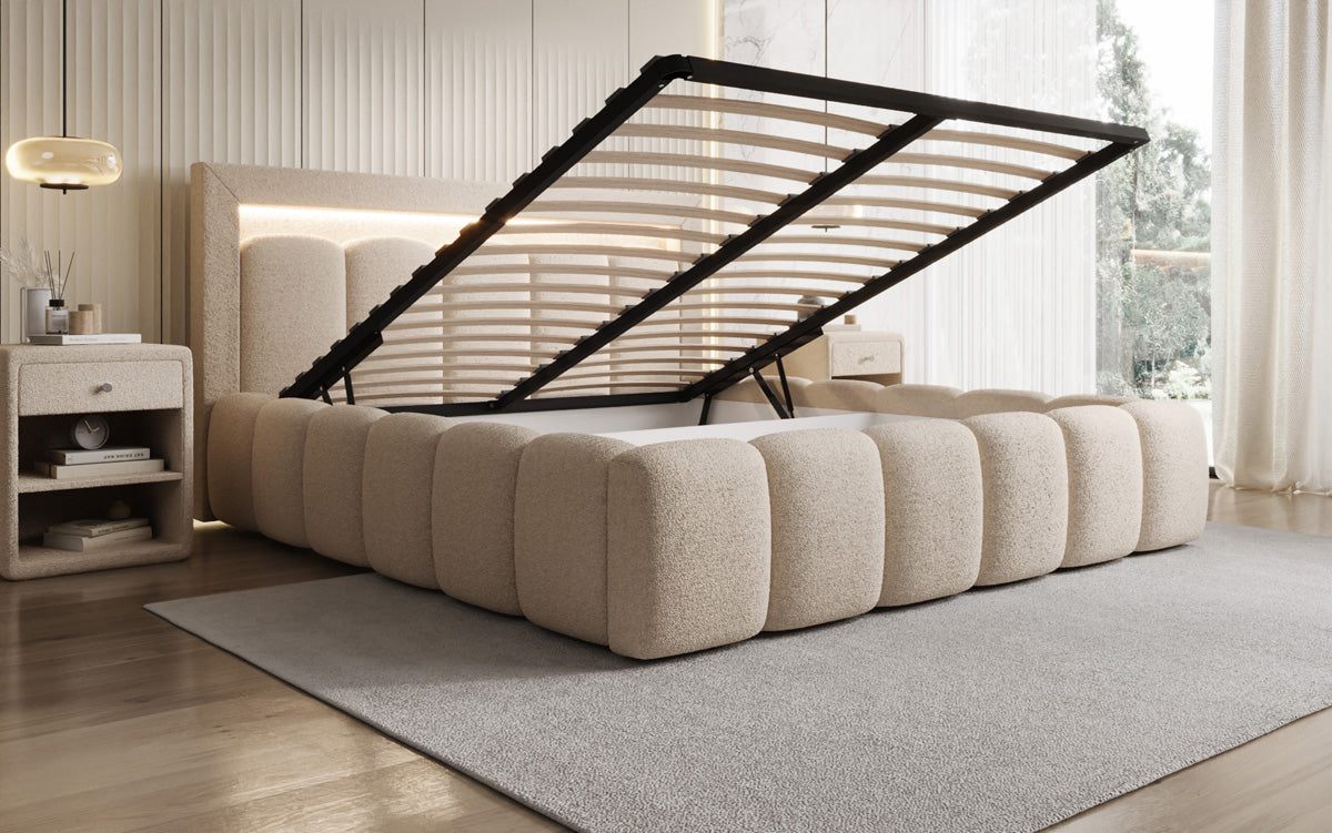 Designer Polsterbett Lume in Teddy Bouclé mit Stauraum und RGB Beleuchtung