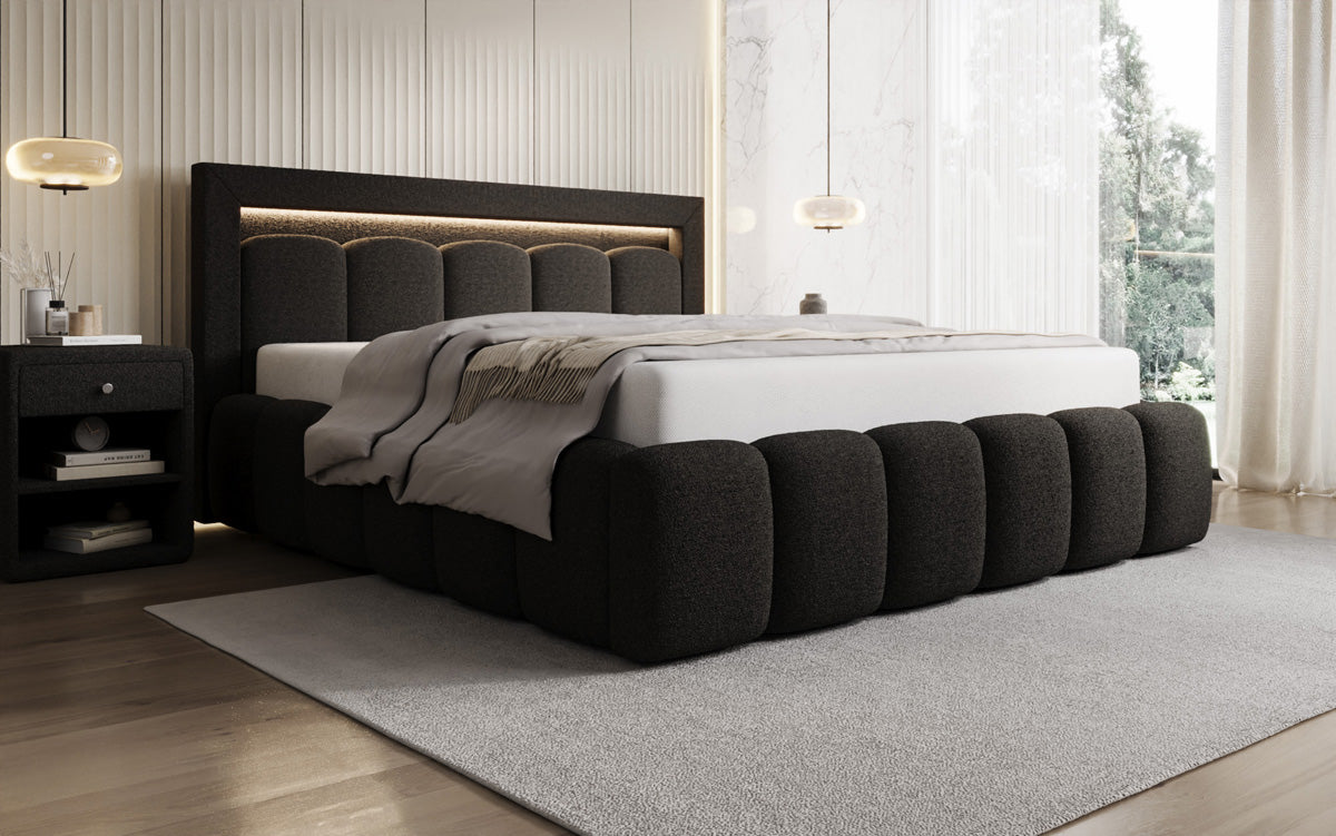 Designer Polsterbett Lume in Teddy Bouclé mit Stauraum und RGB Beleuchtung