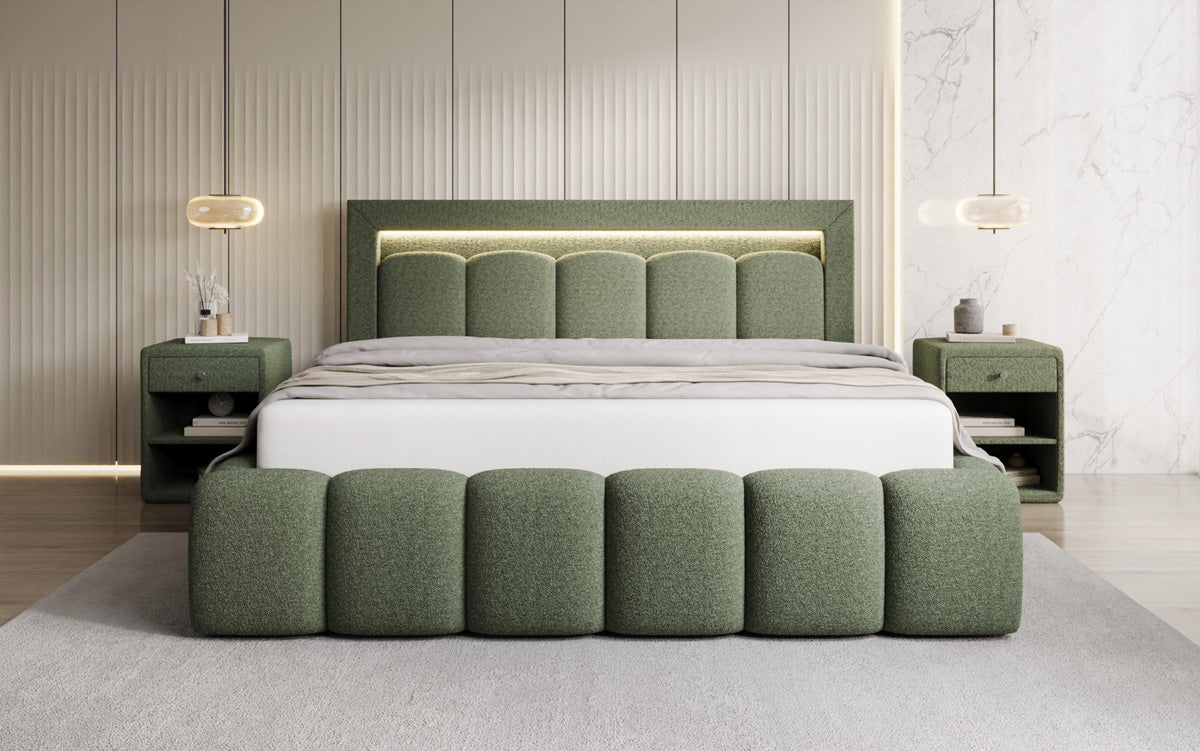 Designer Polsterbett Lume in Teddy Bouclé mit Stauraum und RGB Beleuchtung