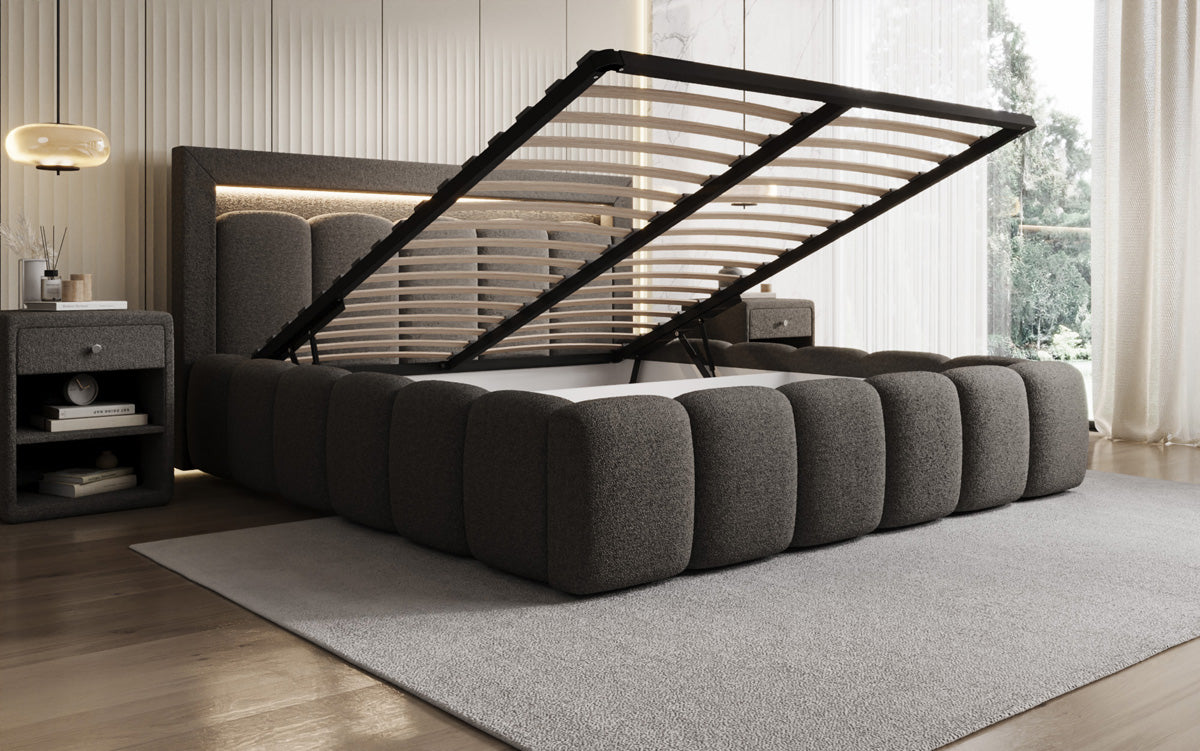 Designer Polsterbett Lume in Teddy Bouclé mit Stauraum und RGB Beleuchtung