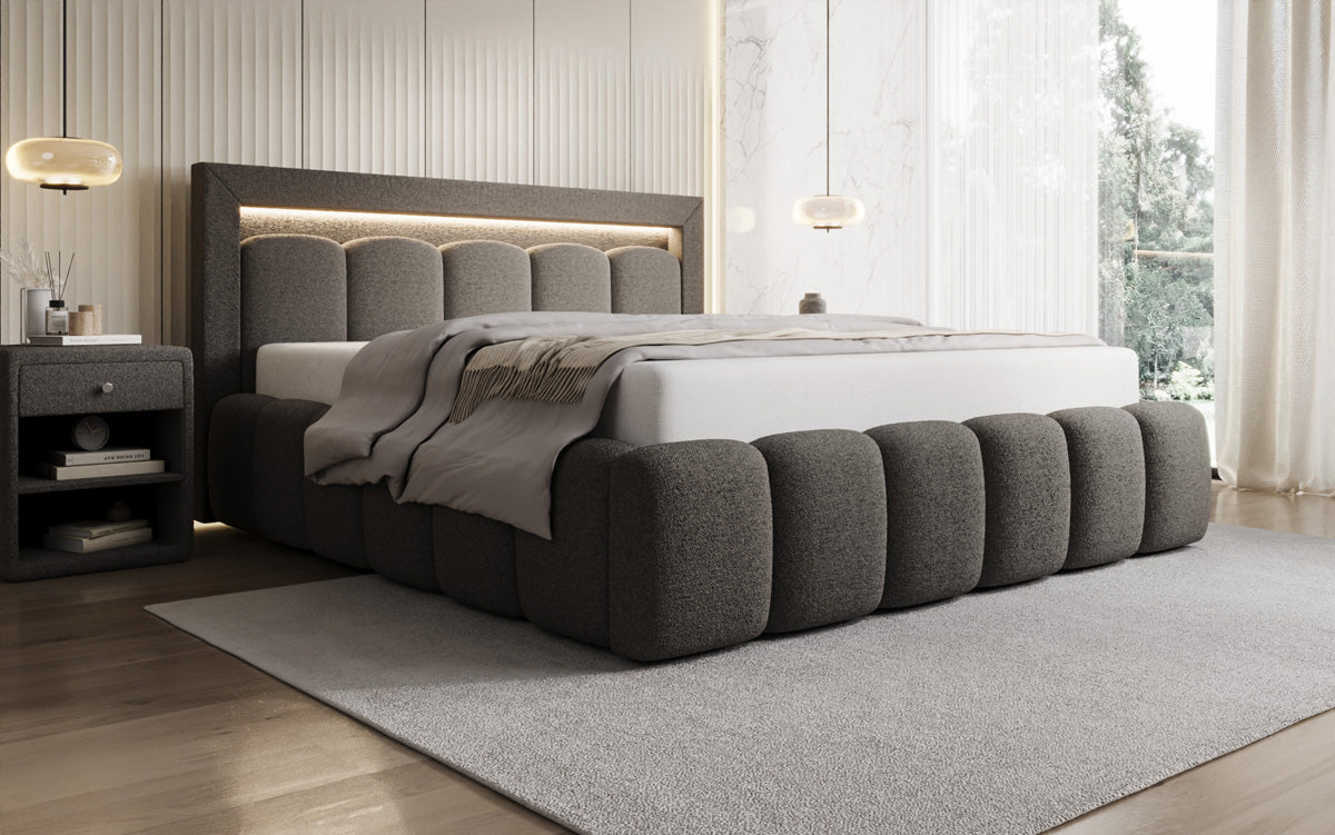 Designer Polsterbett Lume in Teddy Bouclé mit Stauraum und RGB Beleuchtung