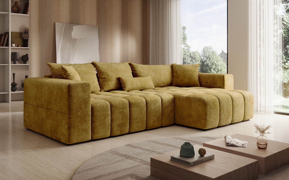 Designer Ecksofa Momo mit Schlaf- und Klappfunktion in Cord