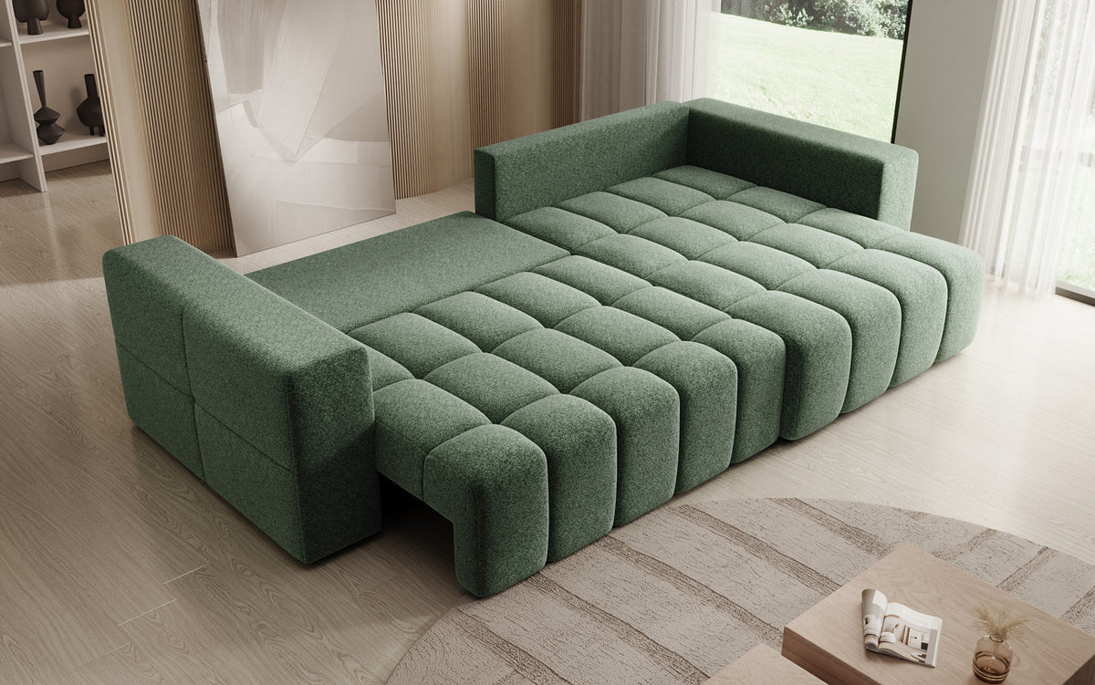 Designer Ecksofa Momo mit Schlaf- und Klappfunktion in Strukturstoff