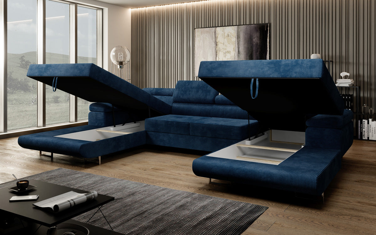 Designer Sofa Calvera U mit Schlaf- und Klappfunktion in Cord