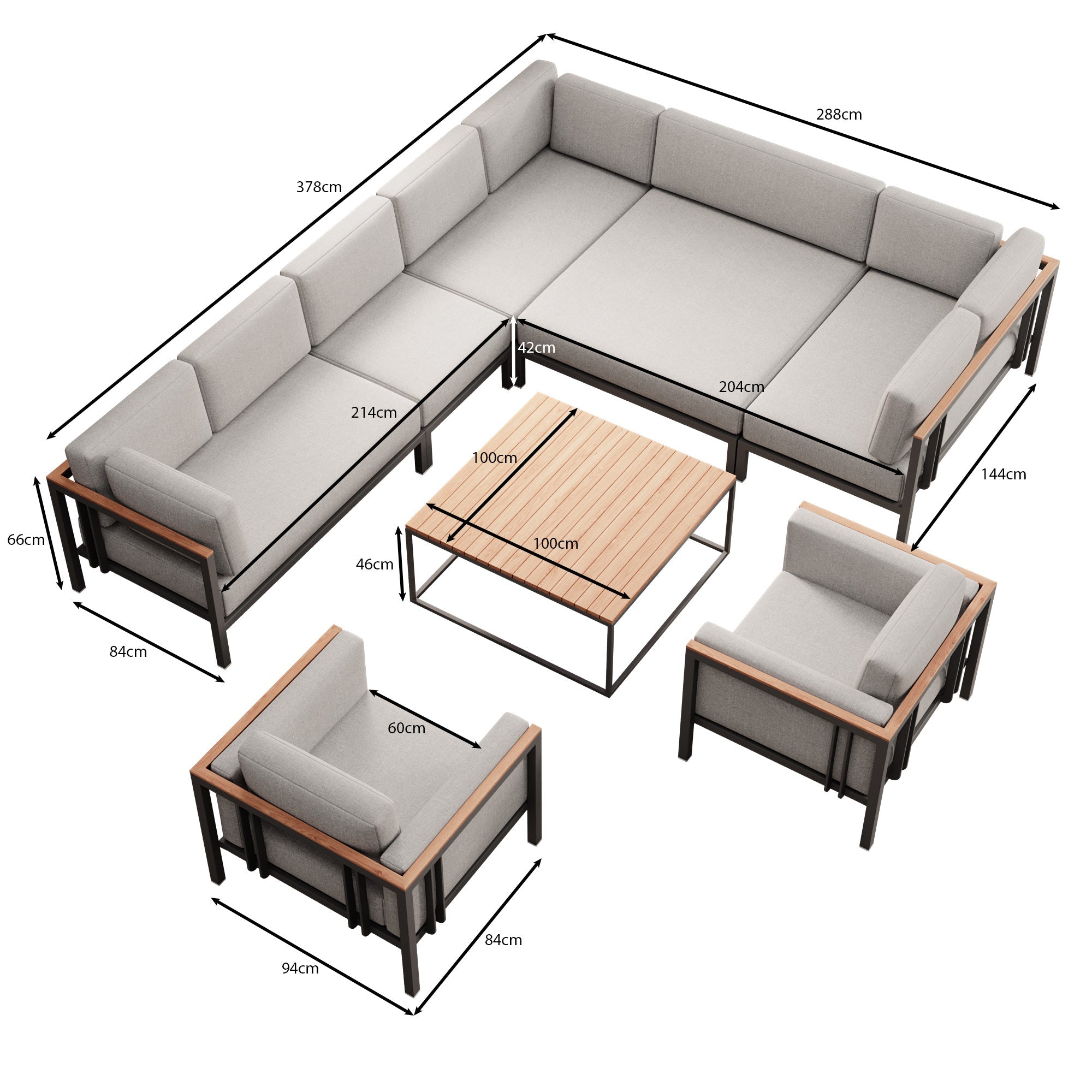 Euphoria – Ecklounge & 2 Loungesessel mit Tisch aus Aluminium | Aevora™ Kollektion