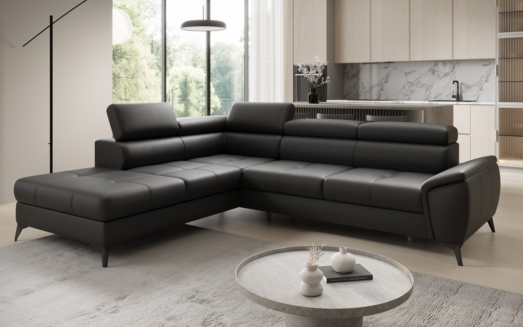 Designer L Sofa Aveline mit Schlaffunktion und Stauraum in Echtleder
