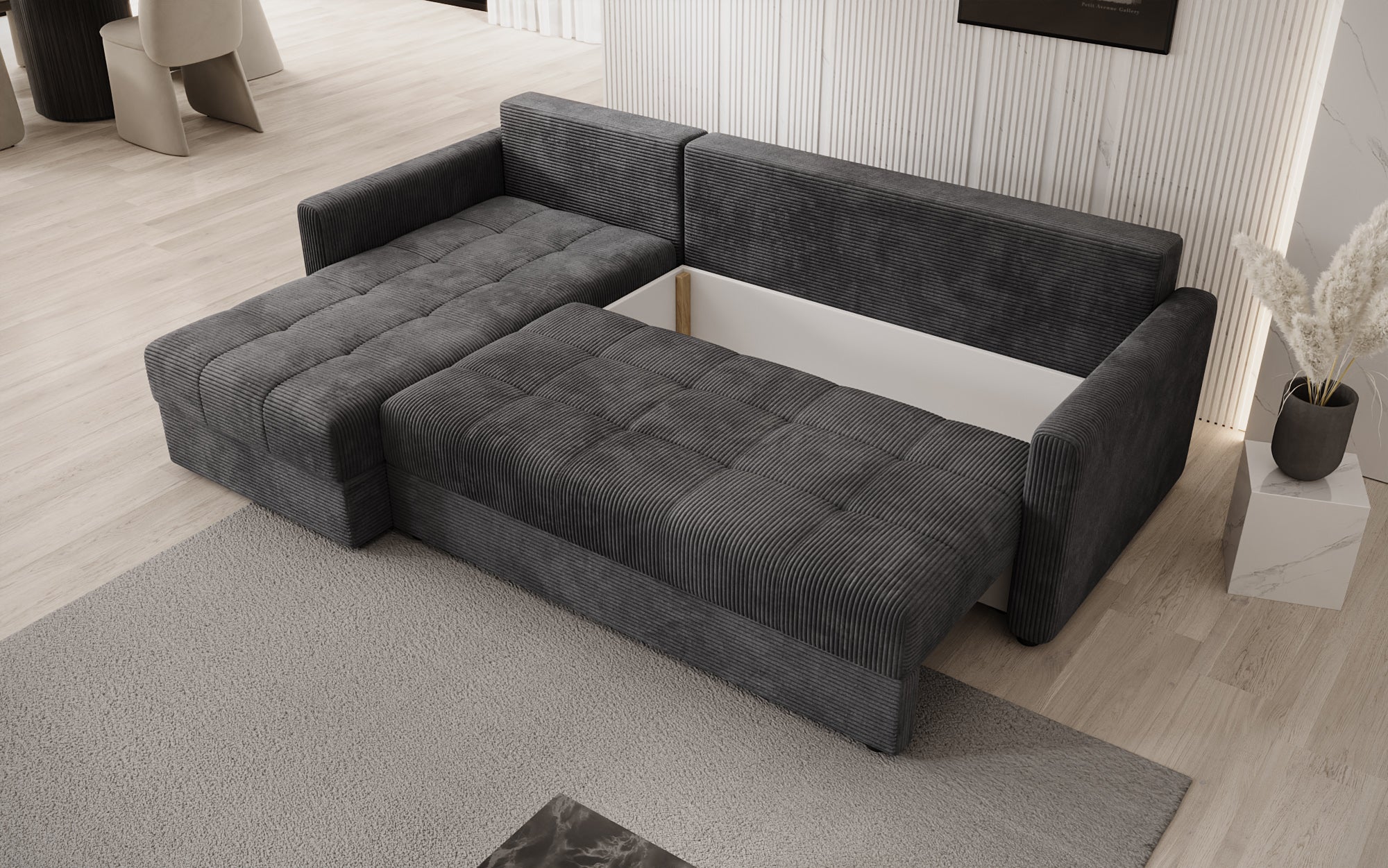 Designer Sofa Roma in Cord mit Schlaf- und Klappfunktion