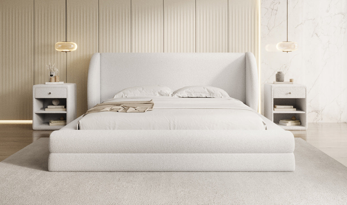 Designer Polsterbett Liv in Teddy Bouclé mit Stauraum