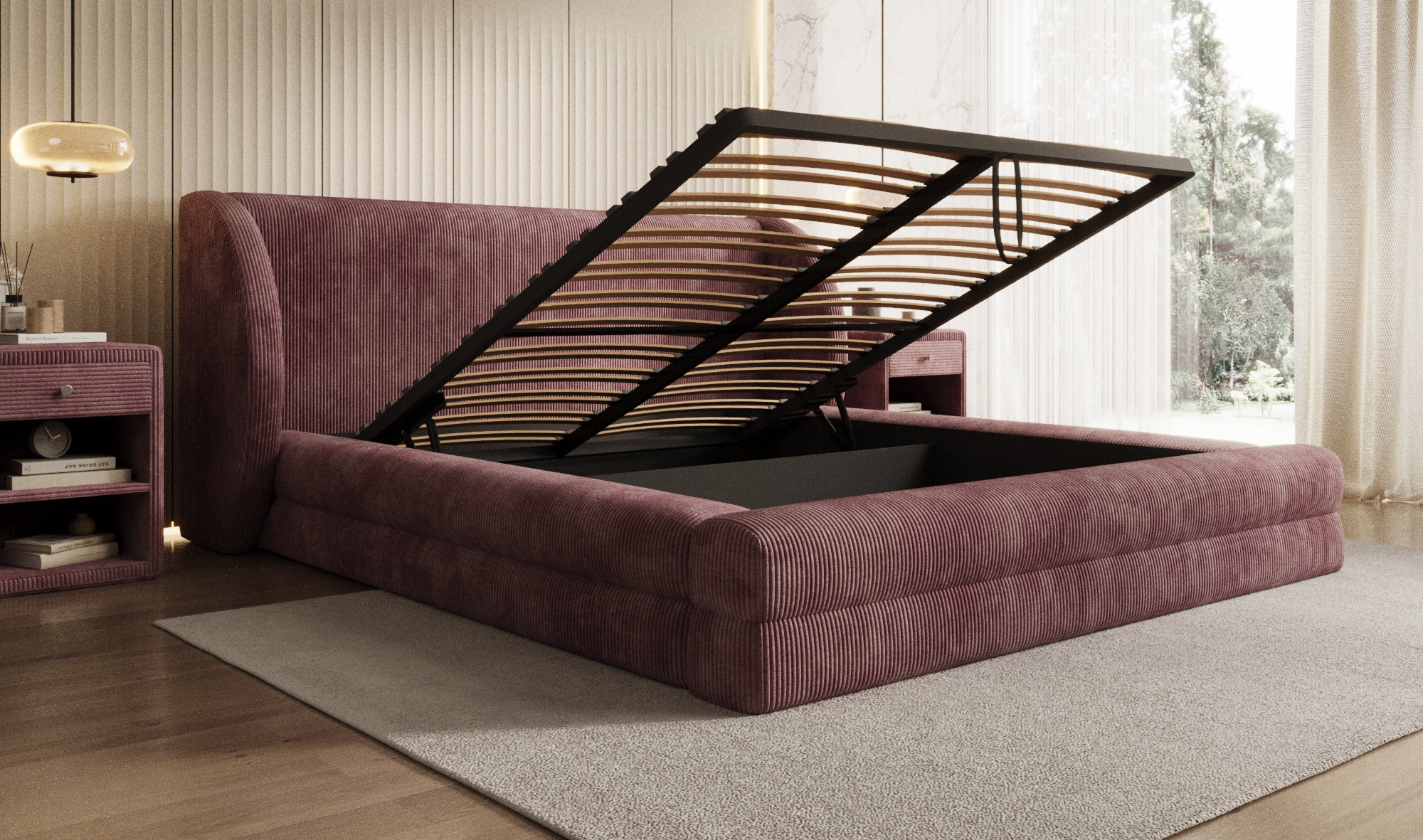 Designer Polsterbett Liv Cord mit Stauraum