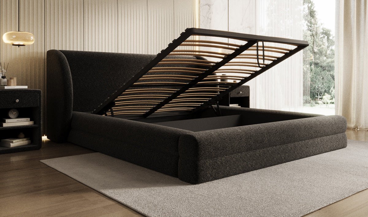 Designer Polsterbett Liv in Strukturstoff mit Stauraum