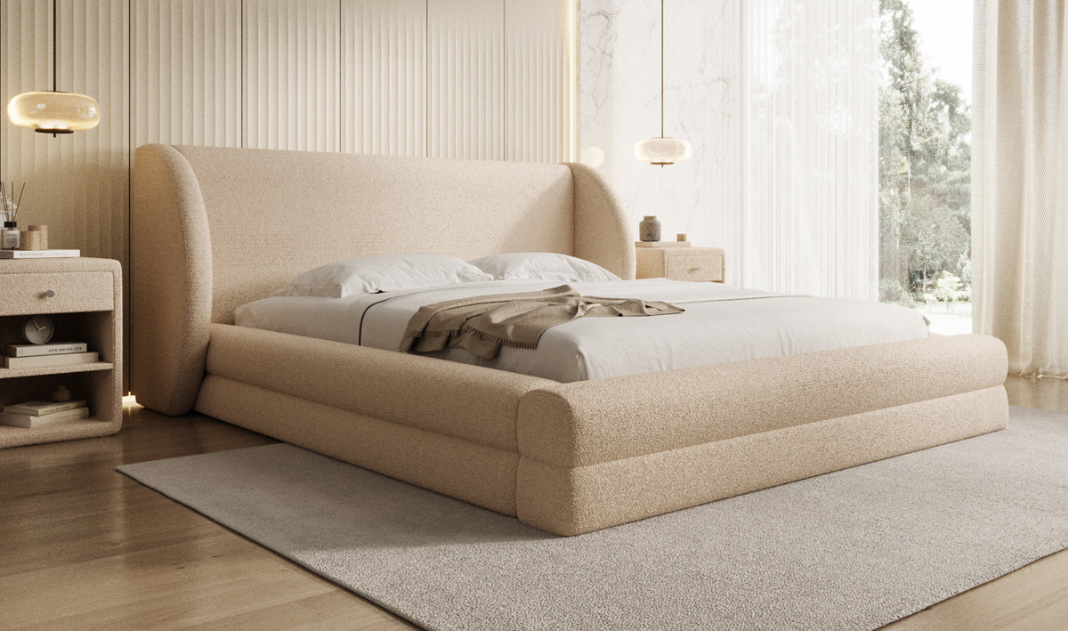 Designer Polsterbett Liv in Teddy Bouclé mit Stauraum